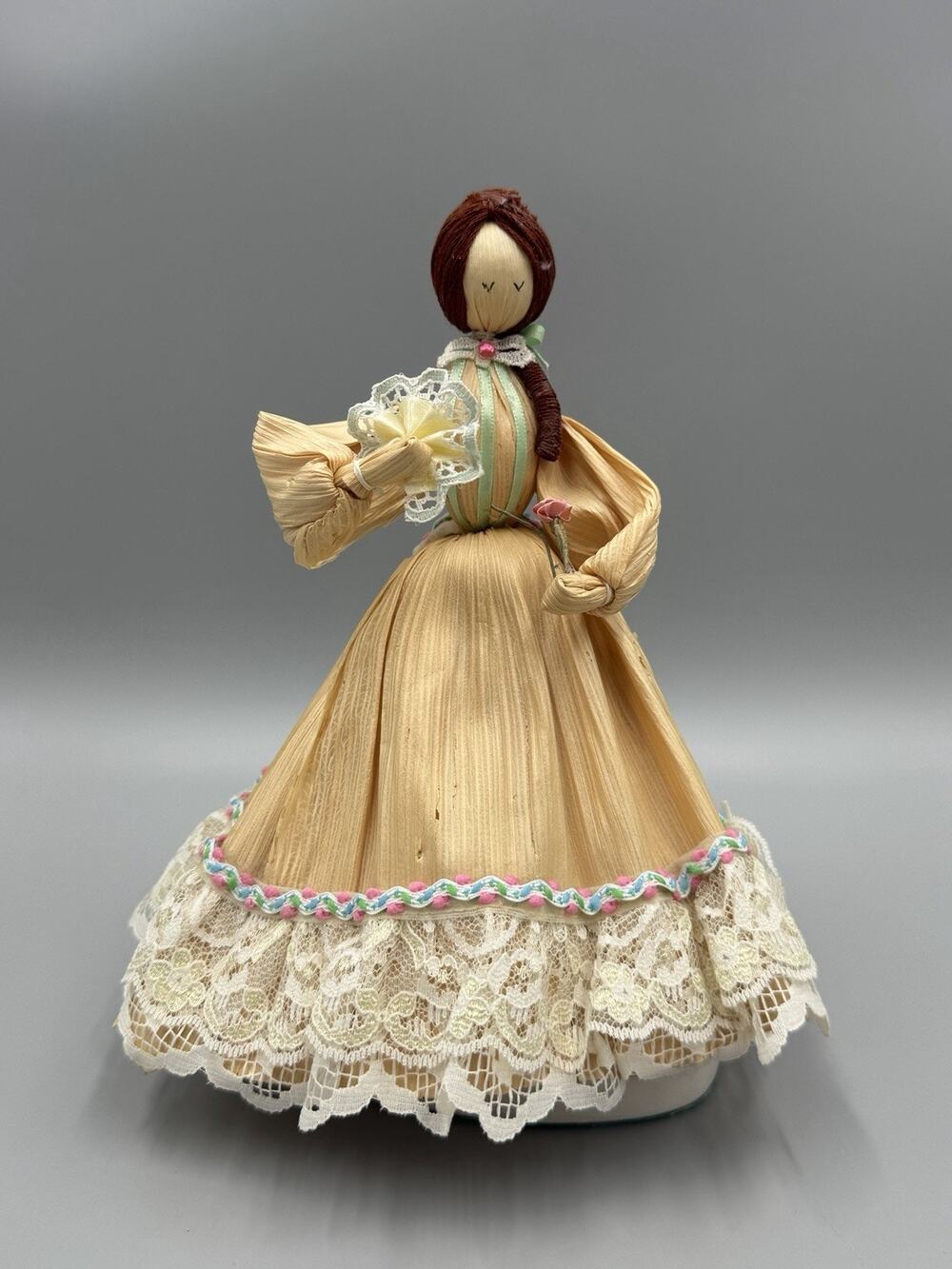 Vintage Cornhusk Doll Brown Hair Victorian Style Holding Fan 8” Tall Signed